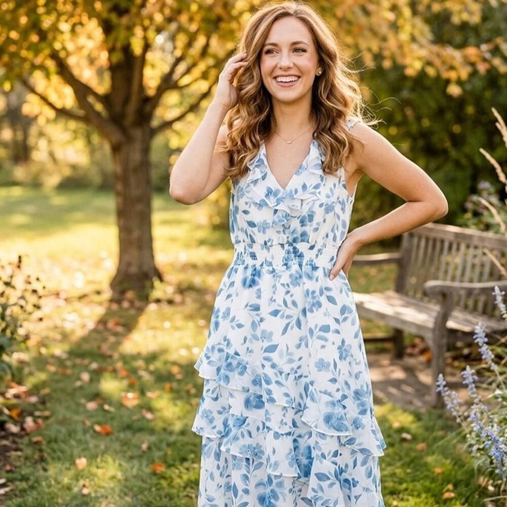 Parker New York Blue & White Floral Tiered Ruffle Maxi Dress - Size XS